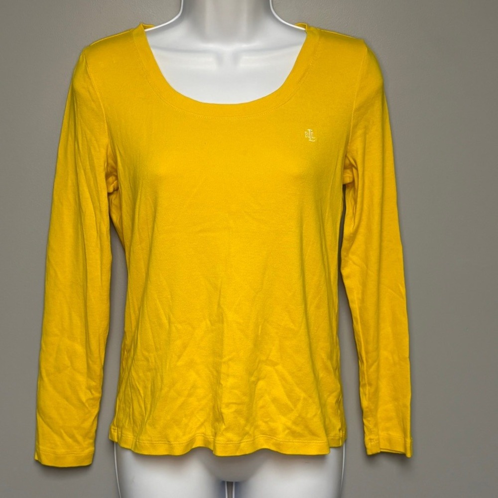 Lauren Ralph Lauren Bright Yellow Cotton Scoop Neck Long Sleeve Tee Womens M